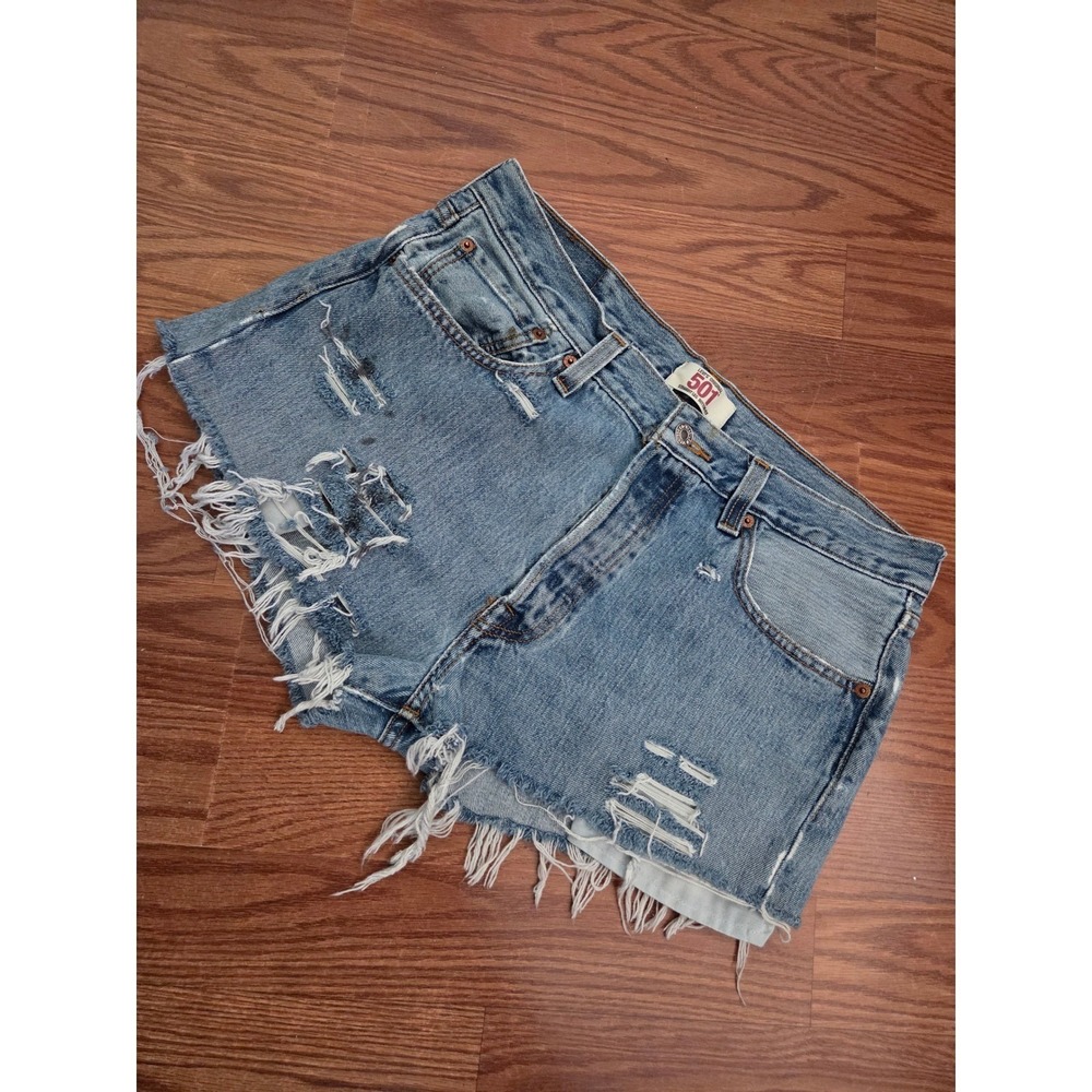 Levis 501 Original Distressed Denim Cut Off Shorts Medium Wash Button Fly 33